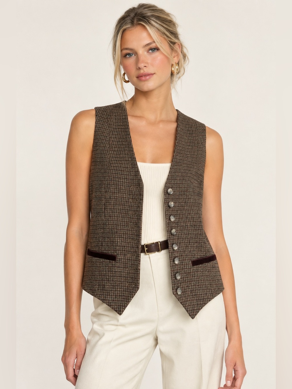 Lauren Ralph Lauren 100% Wool Velvet  Button Front Vest Houndstooth XS Academia